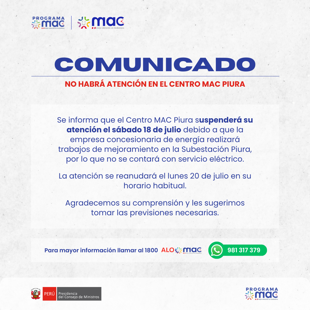 Comunicado - Centro MAC Piura 16.7.26