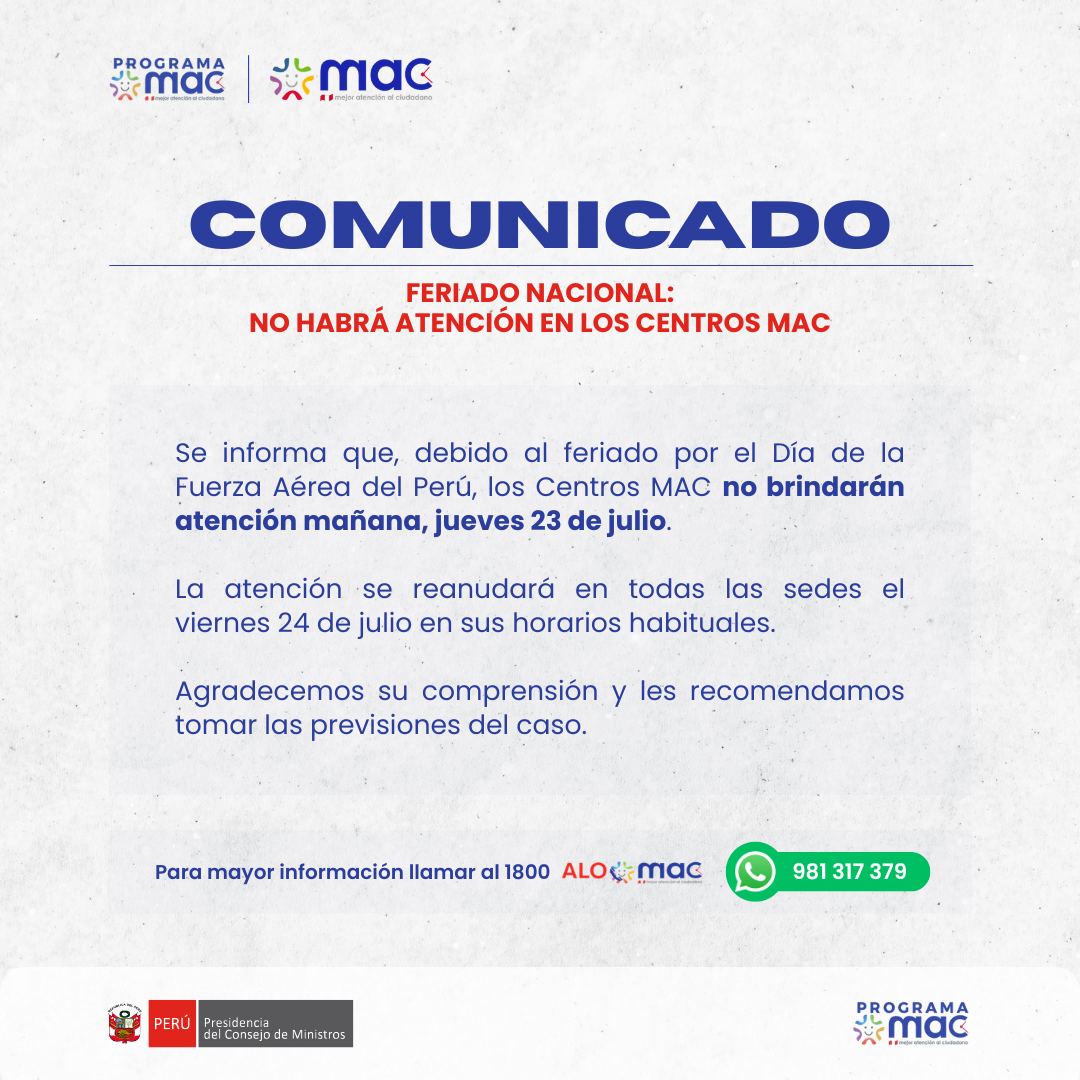 Comunicado - Feriado 23.7.26