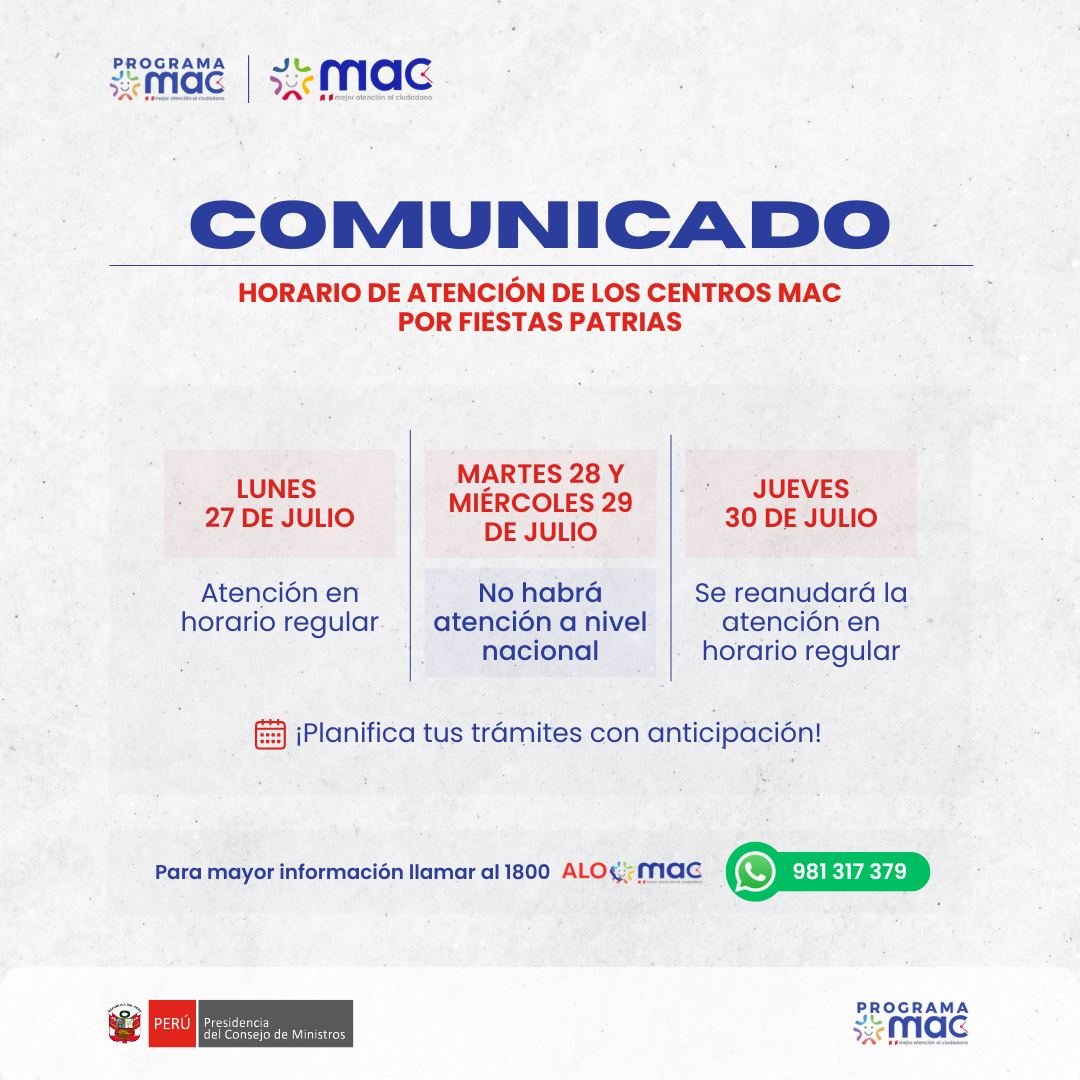 Comunicado - Horario Fiestas Patrias 24.7.26
