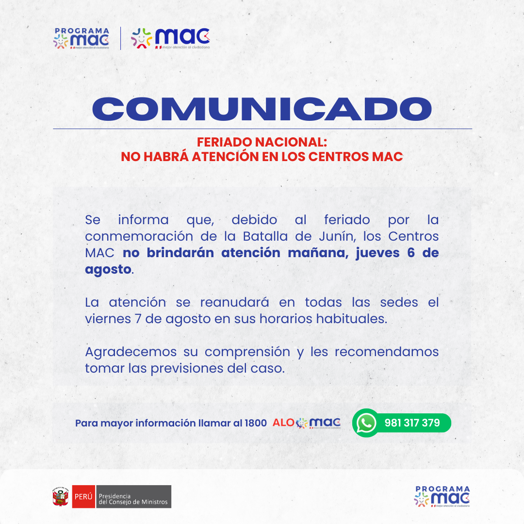 Comunicado - Feriado 6.8.26