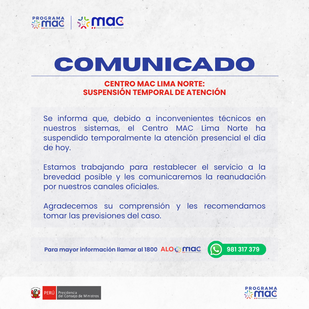 Comunicado - Centro MAC Lima Norte 7.9.26